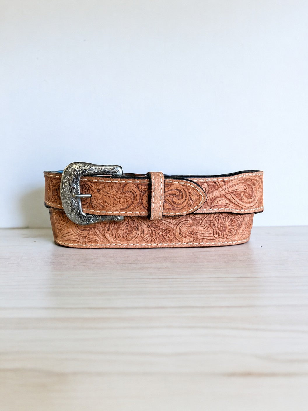 Ranger Belt Company men's natural tan leather belt with hand-carved floral tooling and a bright silver buckle