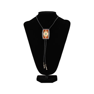 Rectangular bolo tie with resin bead inlay and braided cord.
