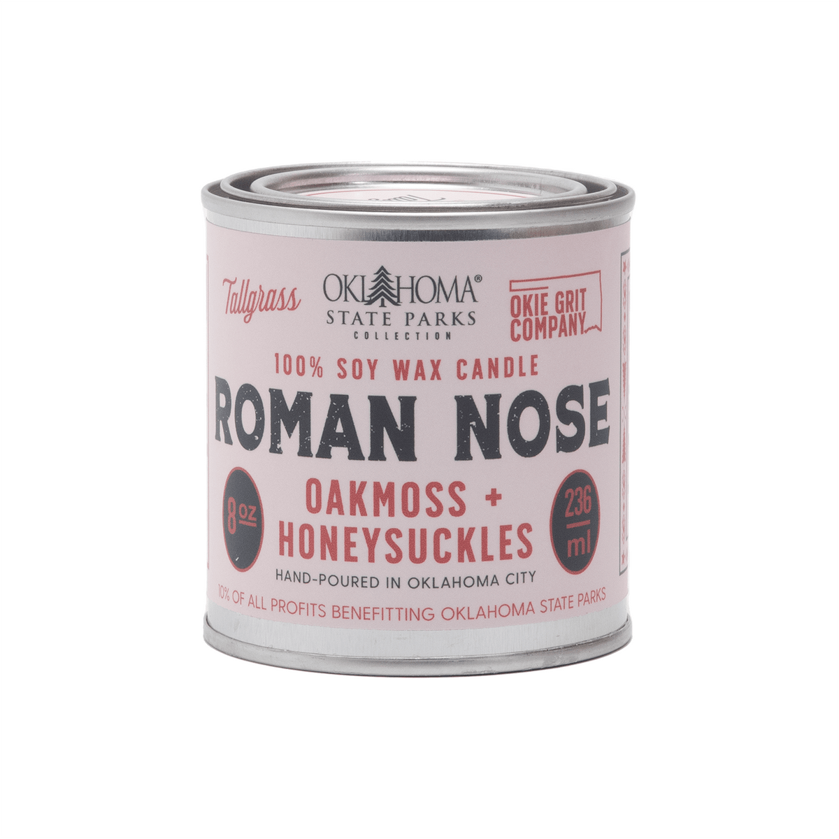 Tallgrass Supply Roman Nose soy wax candle with oakmoss and honeysuckle fragrance, featuring a tall, elegant candle design.