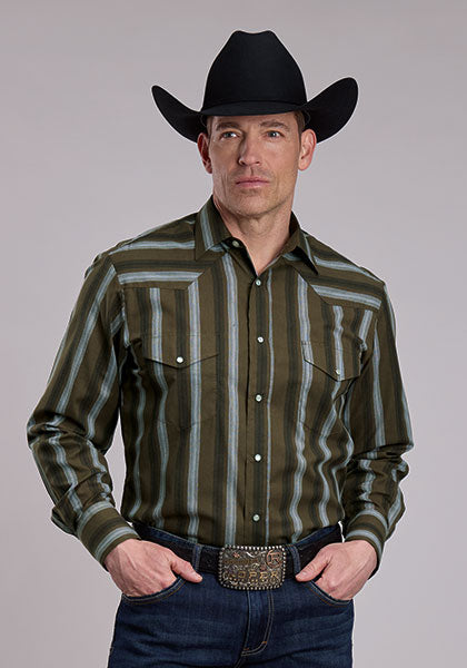 Roper Men's Stripe Long Sleeve Shirt, Olive/Black/Grey – front