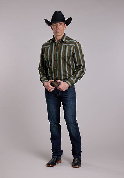 Roper Men's Stripe Long Sleeve Shirt, Olive/Black/Grey – full length