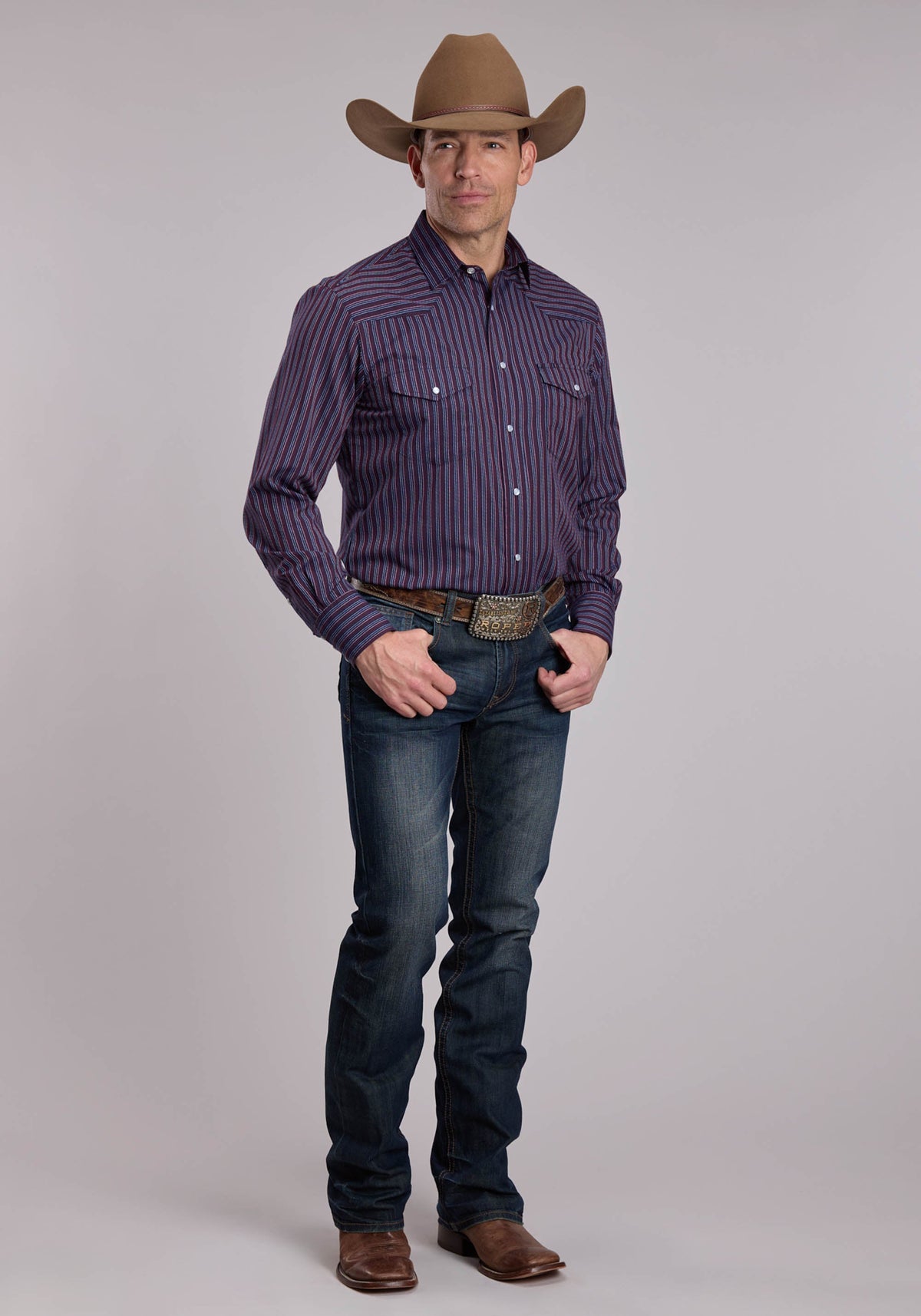 Roper Men's Stripe Long Sleeve Shirt, Wine & Navy – full length