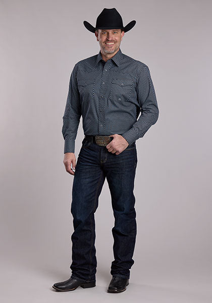 Roper Men's Blue Diamond Geo Long Sleeve Shirt, Black – full length