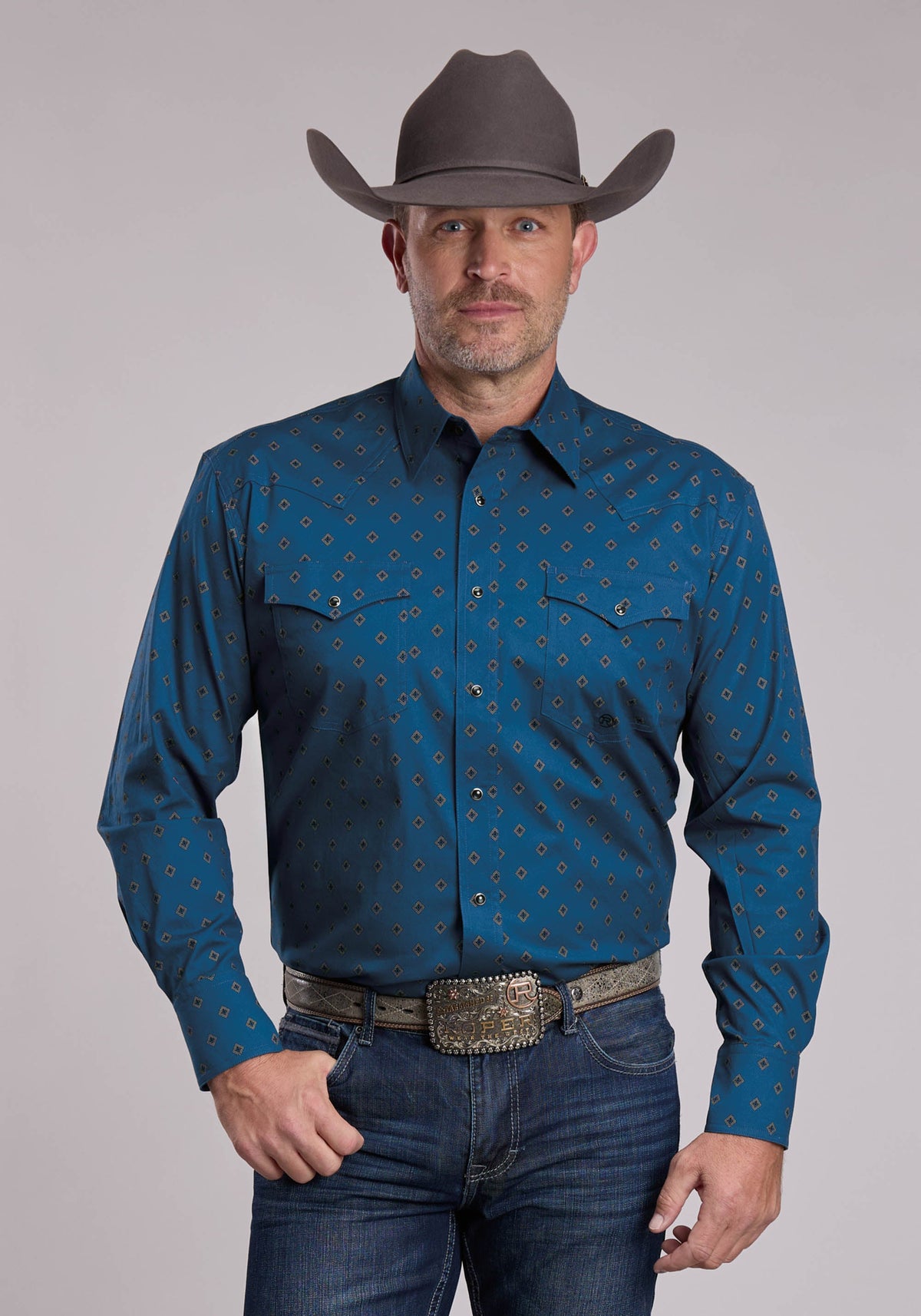 Roper Men's Stretch Poplin Long Sleeve Shirt, Blue – front