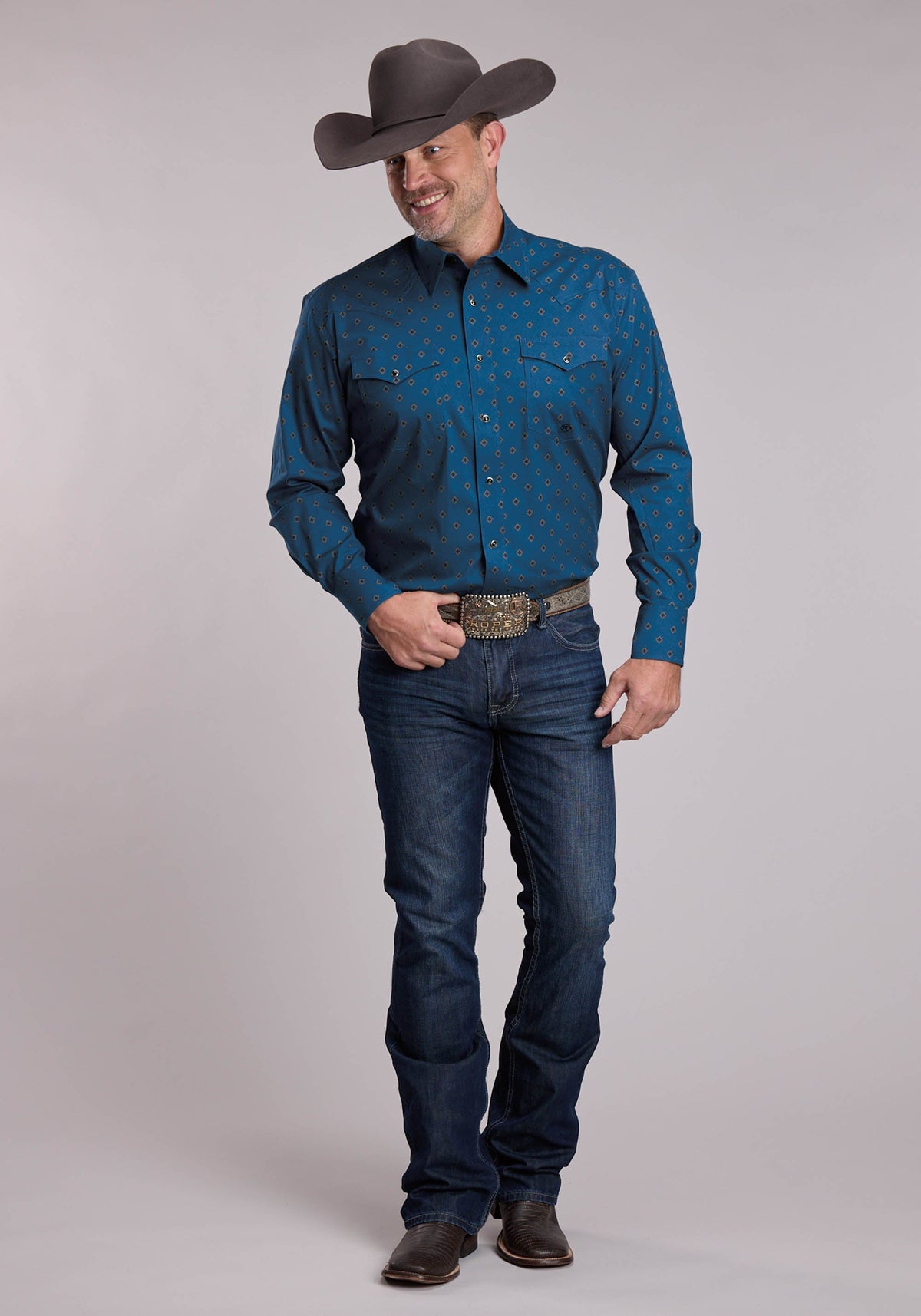 Roper Men's Stretch Poplin Long Sleeve Shirt, Blue – full length