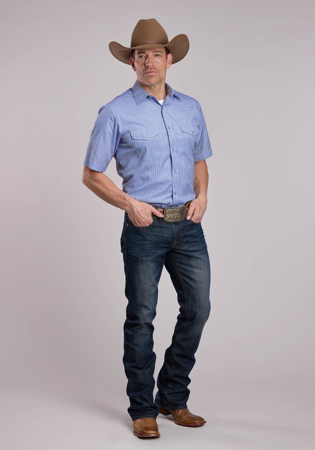 Roper Men's Pinstripe Western Short Sleeve Shirt, Blue – full length