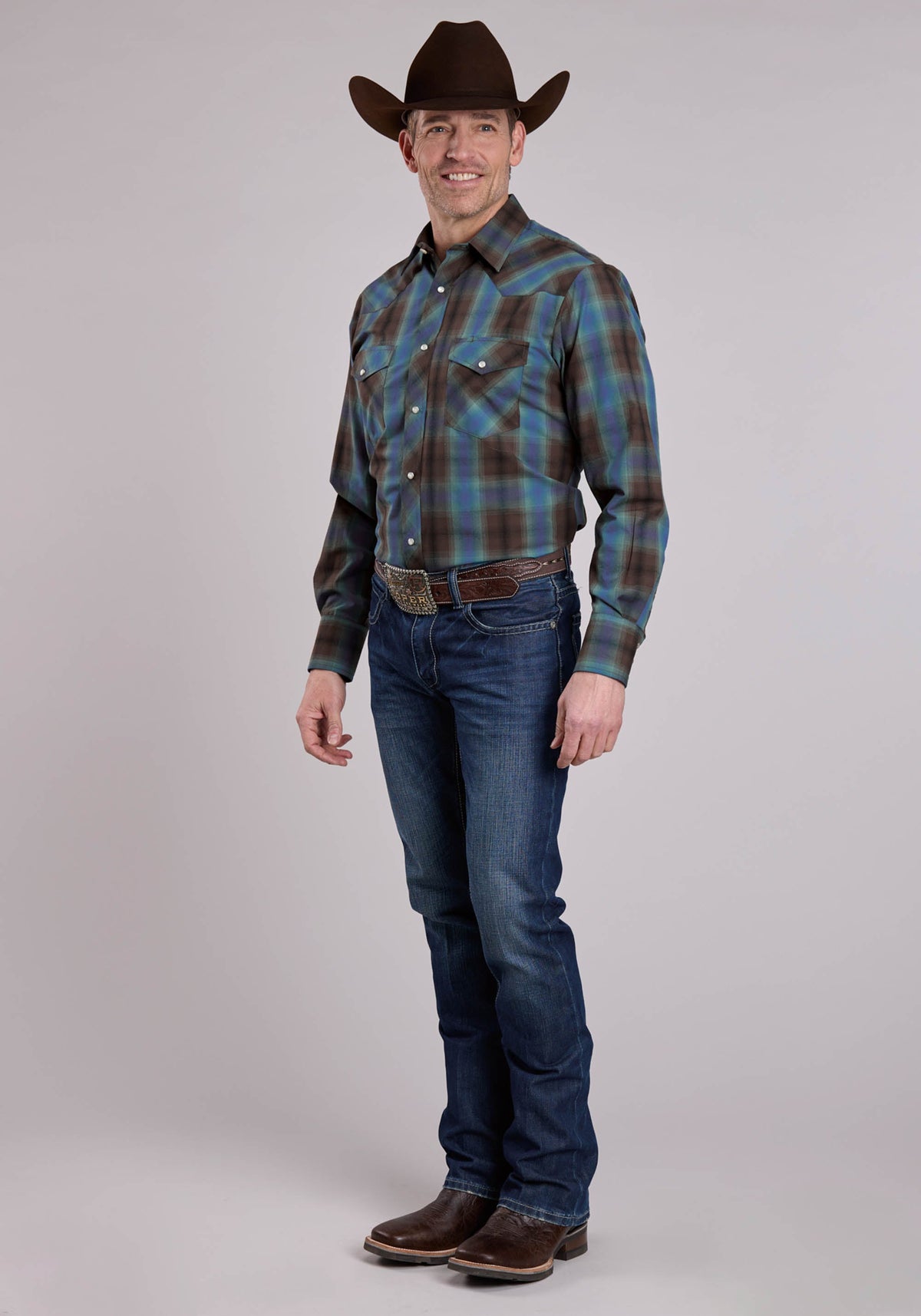 Roper Men's Plaid Long Sleeve Shirt, Blue – full length
