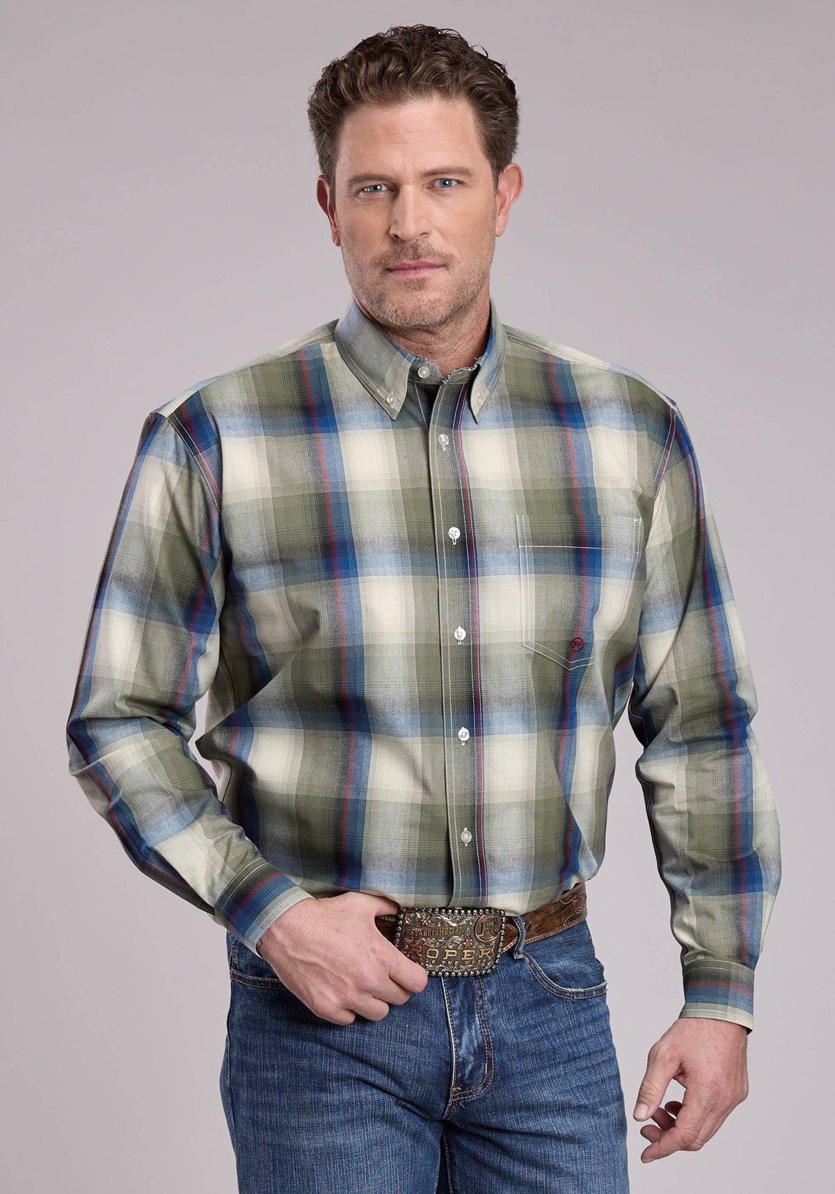 Roper Men's Evergreen Plaid Button-Down Long Sleeve Shirt, Multicolor – front