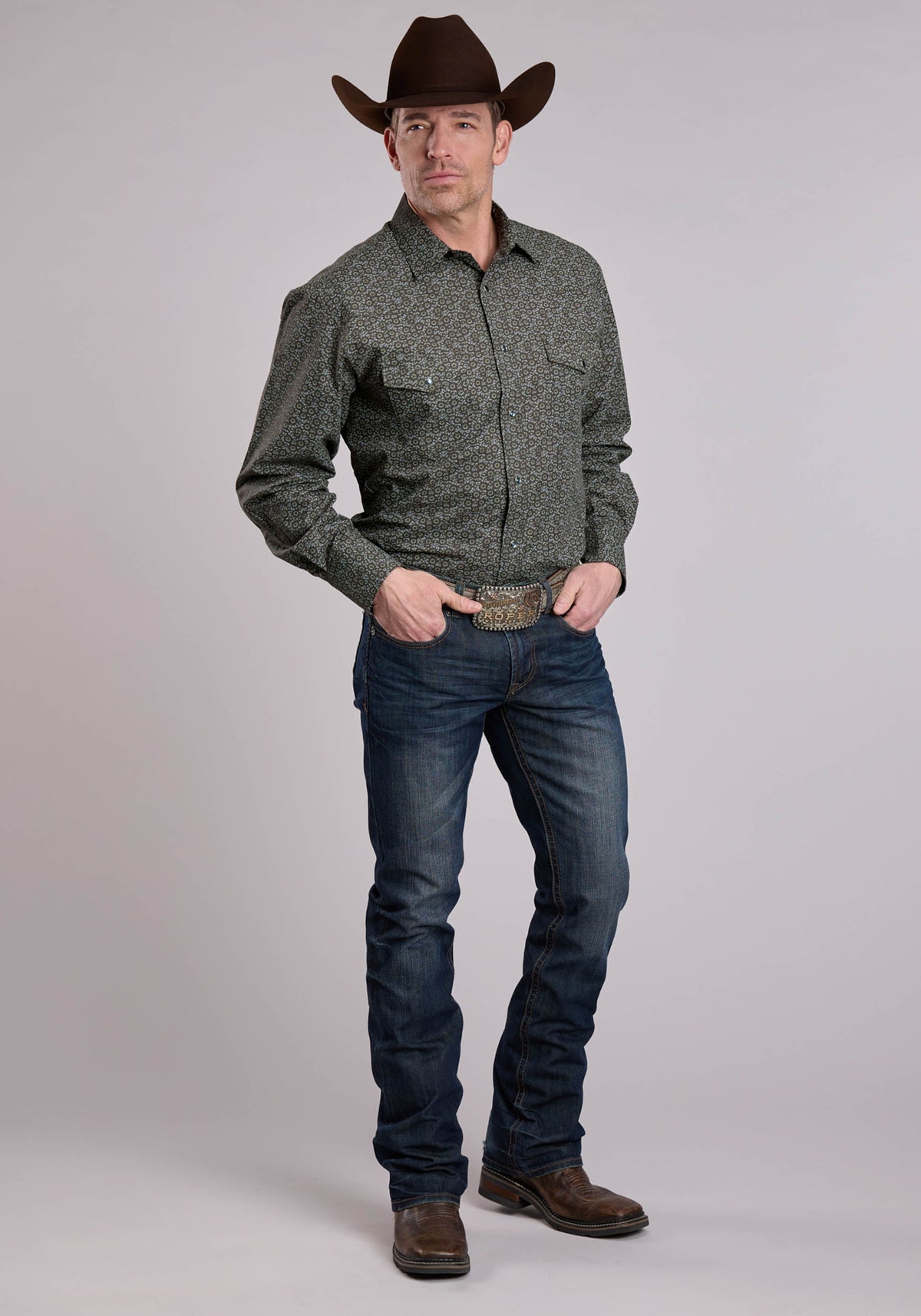 Roper Men's Medallion Print Long Sleeve Shirt, Green – full length