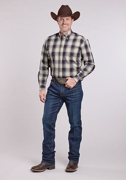 Roper Men's Plaid Button-Down Long Sleeve Shirt, Navy – full length