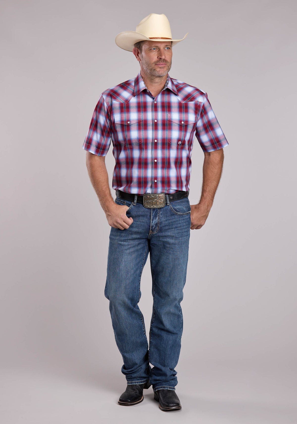 Roper Men's Plaid Western Short Sleeve Shirt, Red – full length