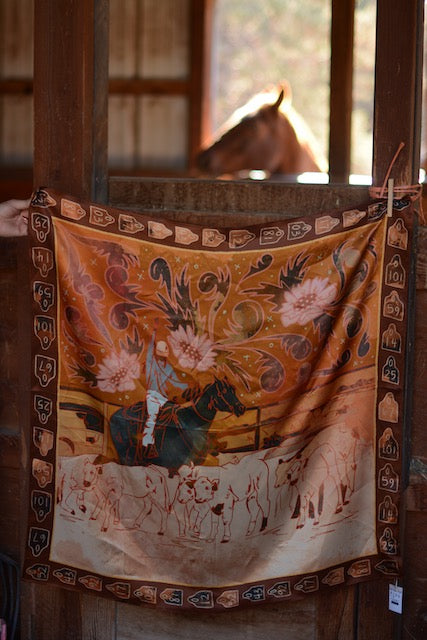 Tirzah Lane Art floral cowgirl Western wild rag bandana in 100% Mulberry silk, 35x35 inches, with colorful floral pattern.