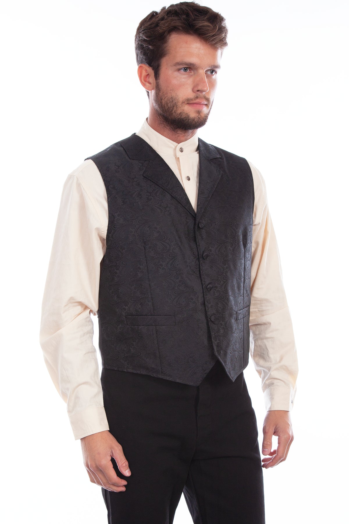 Black Scully men's paisley vest with silk back, classic style, featuring intricate paisley pattern and tailored fit.
