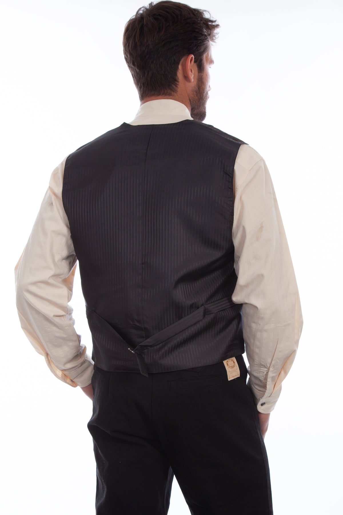 Scully men's classic paisley vest with silk back, brown color, detailed paisley pattern, and tailored fit.