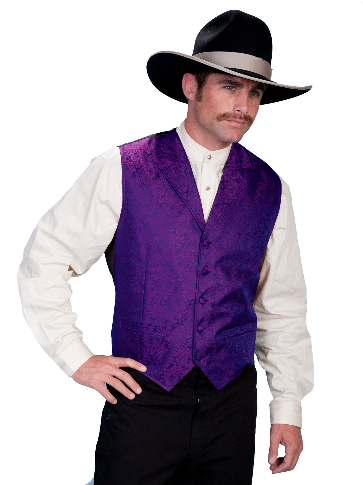 Scully men's classic paisley vest with silk back in purple, featuring intricate pattern and tailored fit.