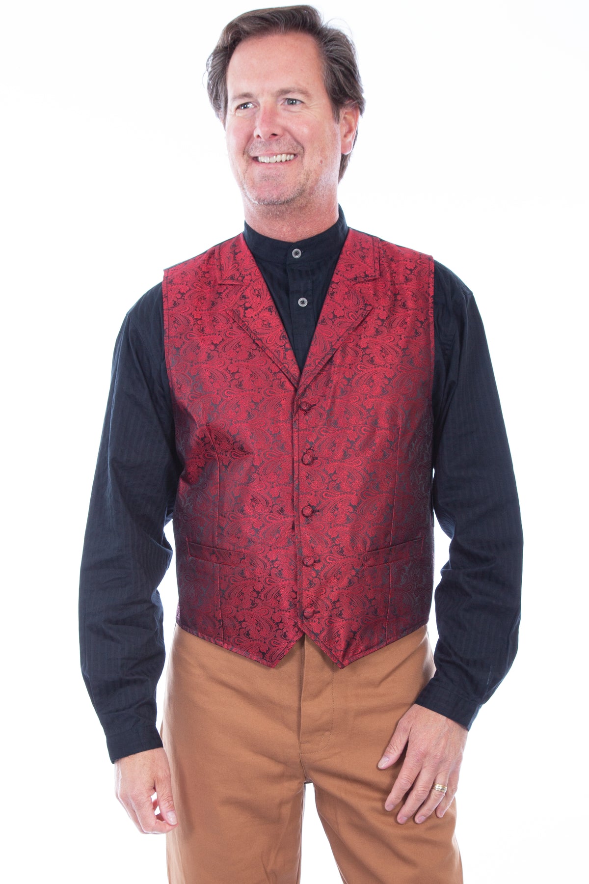 Scully men's classic paisley vest with silk back in red, stylish vest featuring intricate paisley pattern and smooth silk detail.