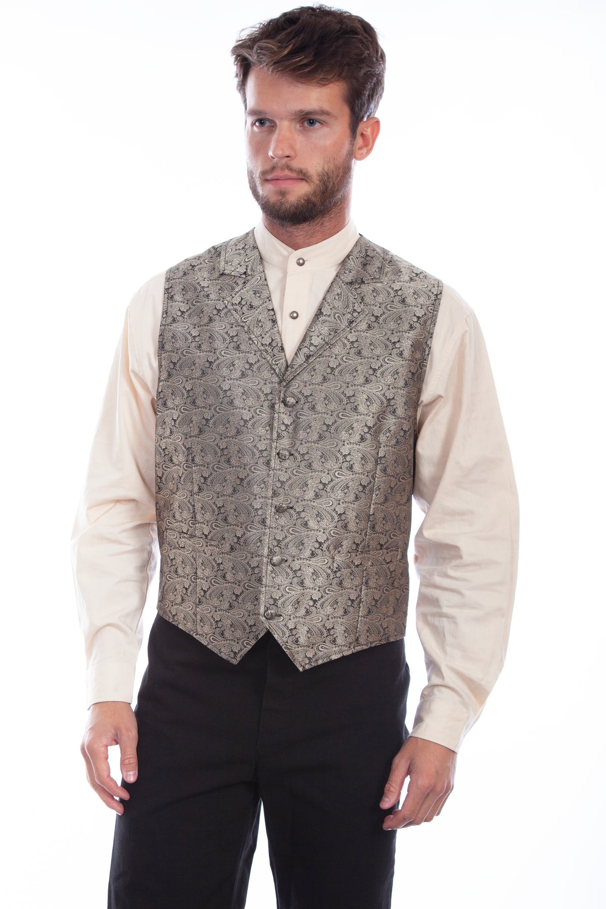 Scully men's classic paisley vest with silk back in taupe, stylish men's vest with intricate pattern and smooth silk detail.