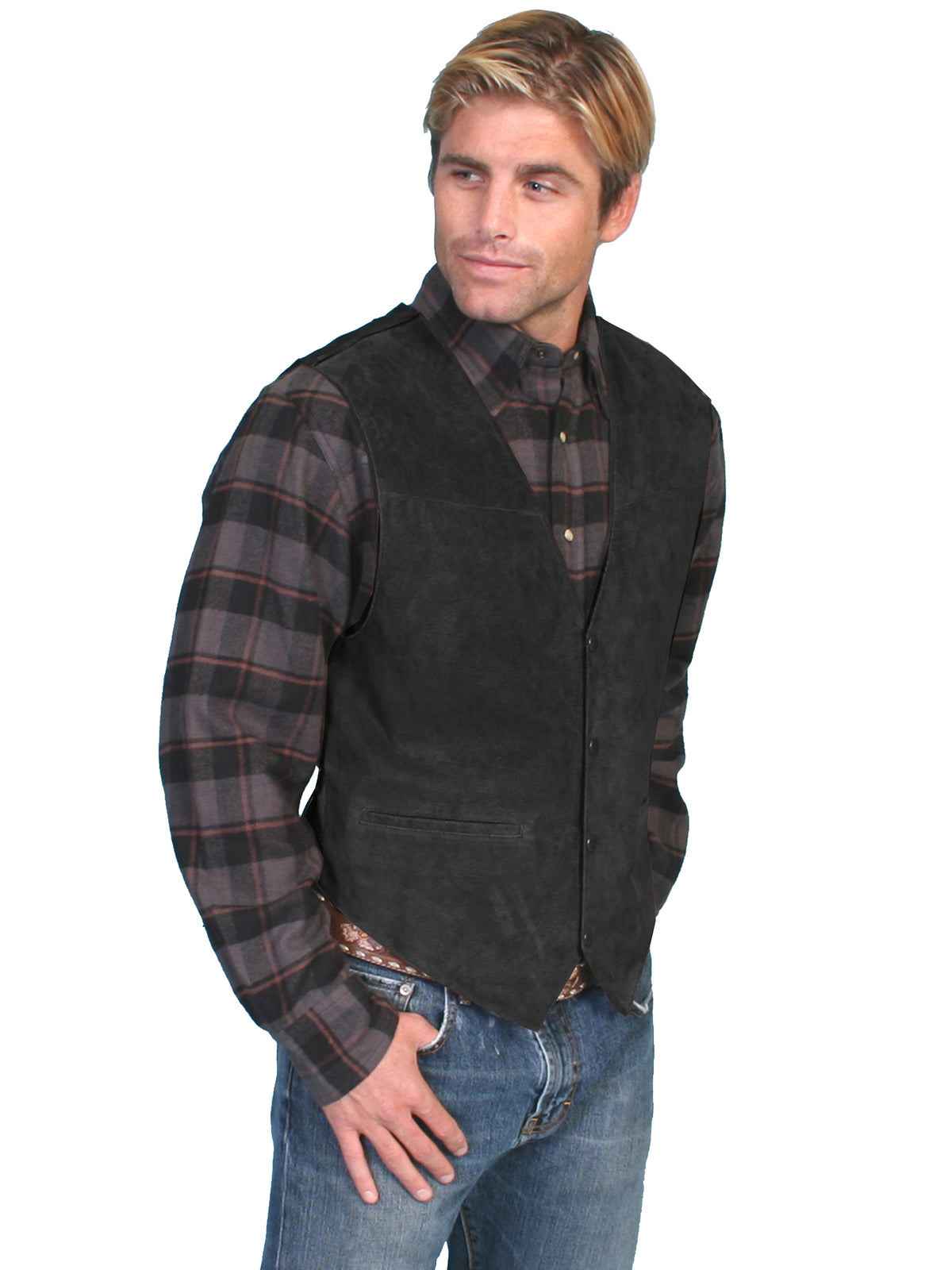 Black Scully men's boar front snap vest showing the leather vest with front snap closure and classic western style details.