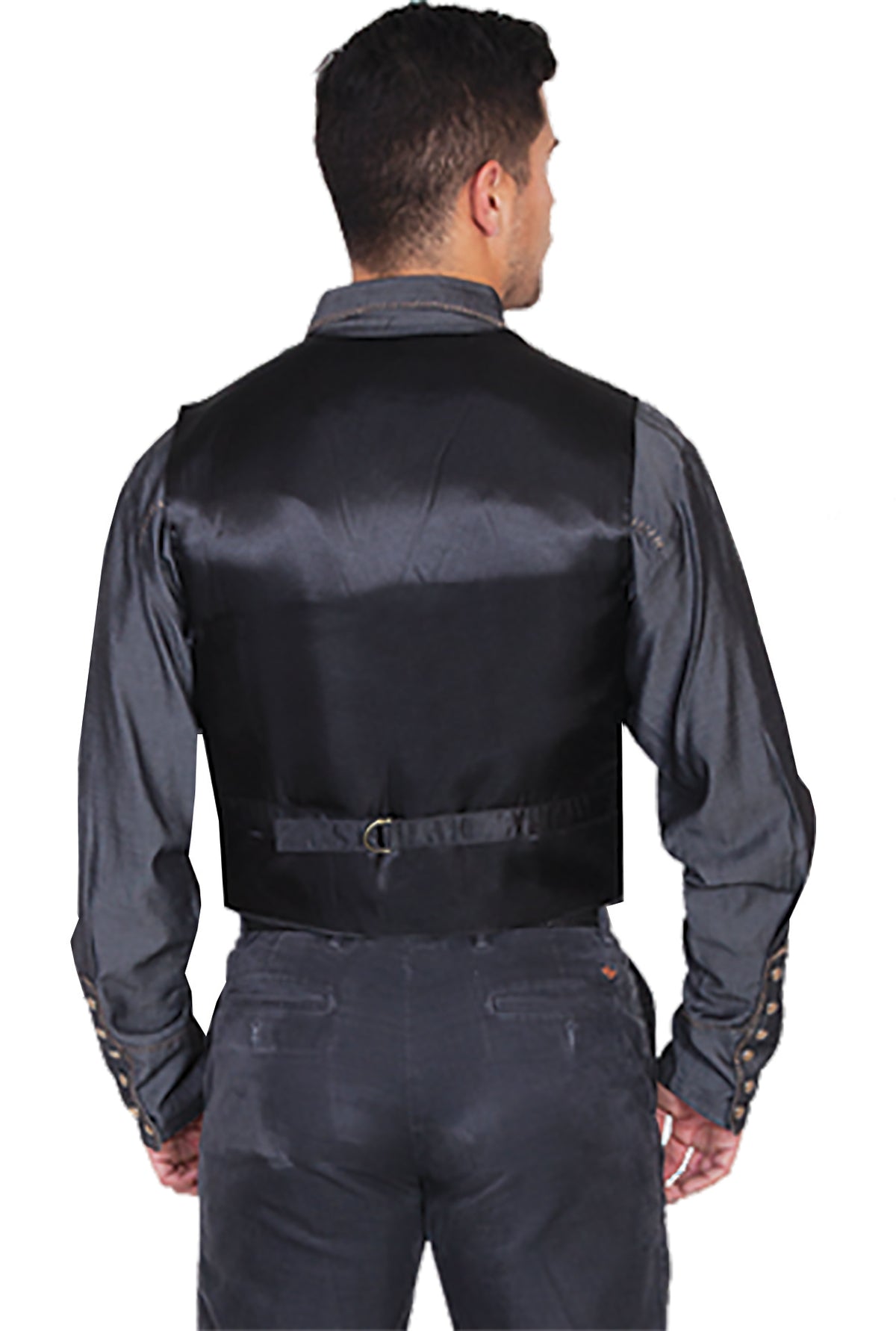 Black Scully men's boar front snap vest with button closures and leather accents, styled for a rugged look.