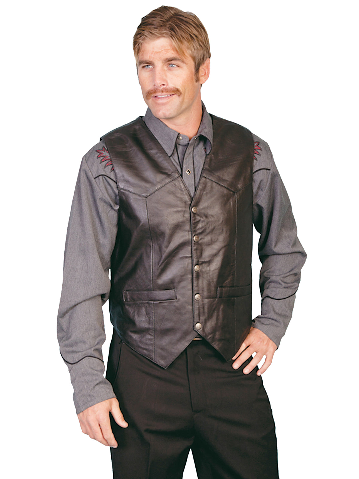 Black Scully men's soft touch lamb snap front vest, stylish and comfortable men's vest with a sleek design and snap closure.