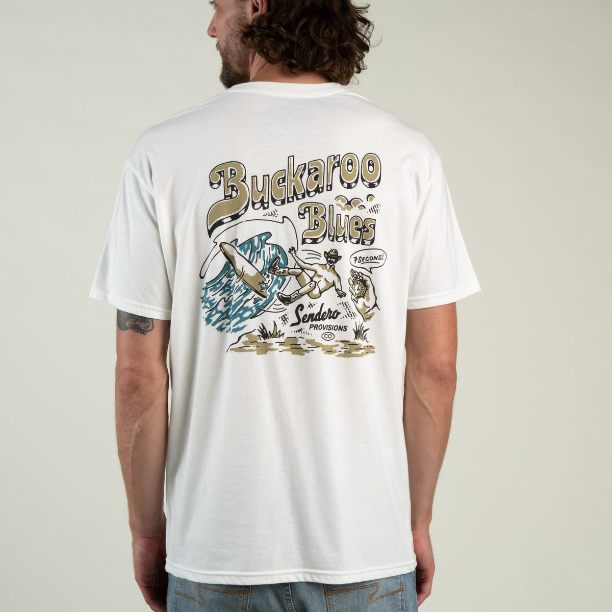 Sendero Provisions Co. Men's Buckaroo Blues T-Shirt, Vintage White – model back