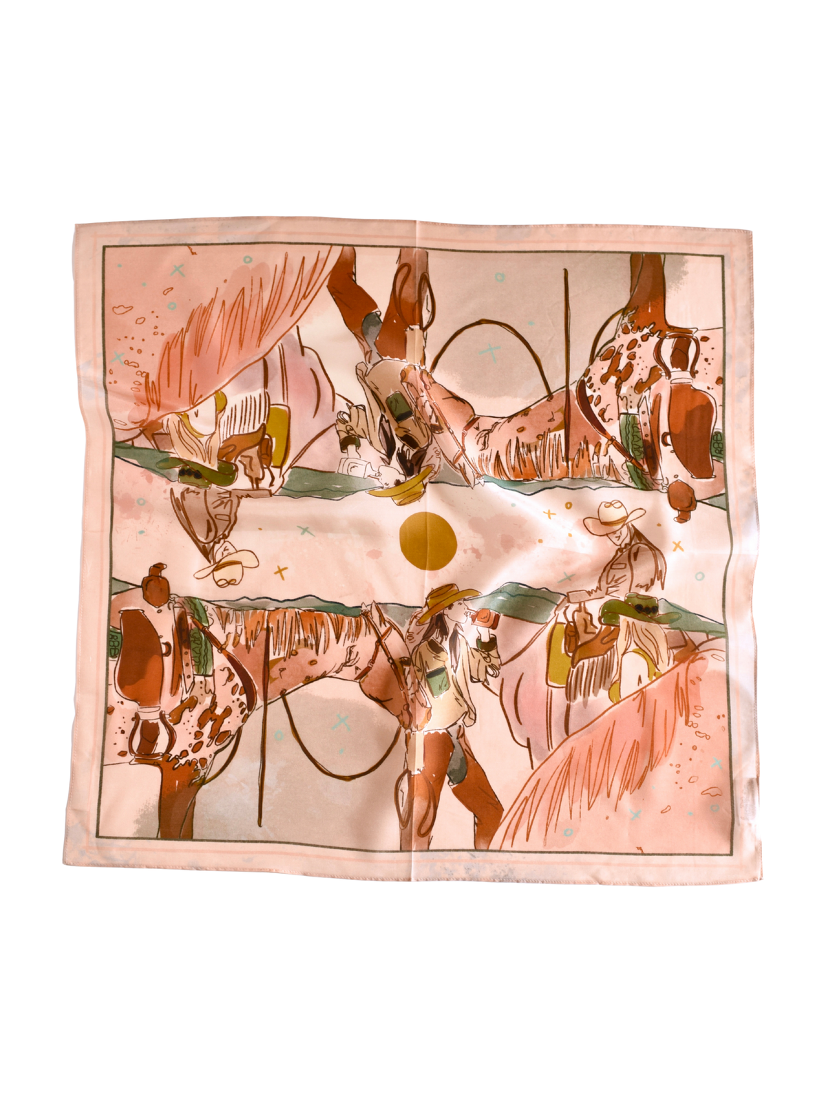 Tirzah Lane Art September Ride Cowgirl Silk Scarf Wild Rag featuring a vibrant western-inspired design with cowgirl motifs.