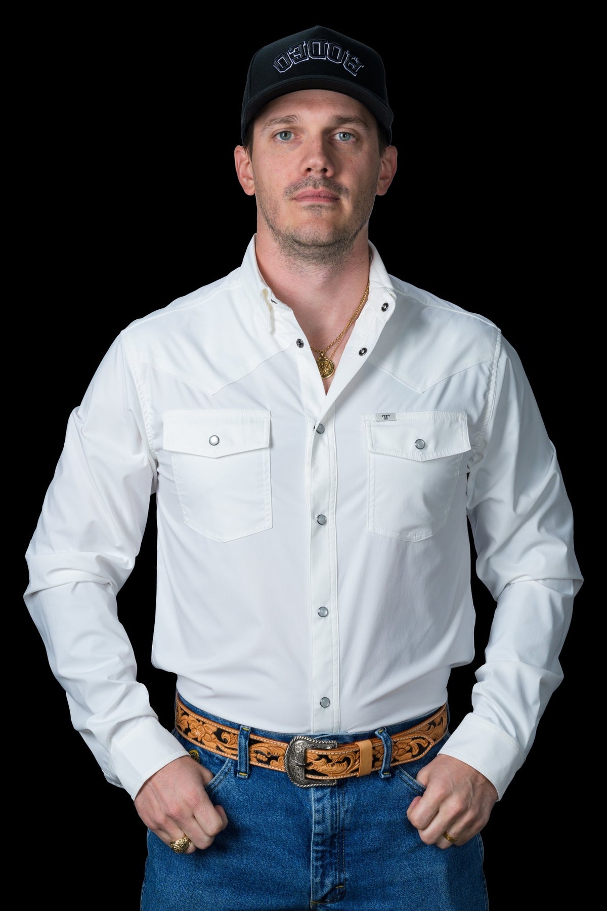 Ferrell Brand Men's Core Pearl Snap Long Sleeve Shirt, White – front, on model