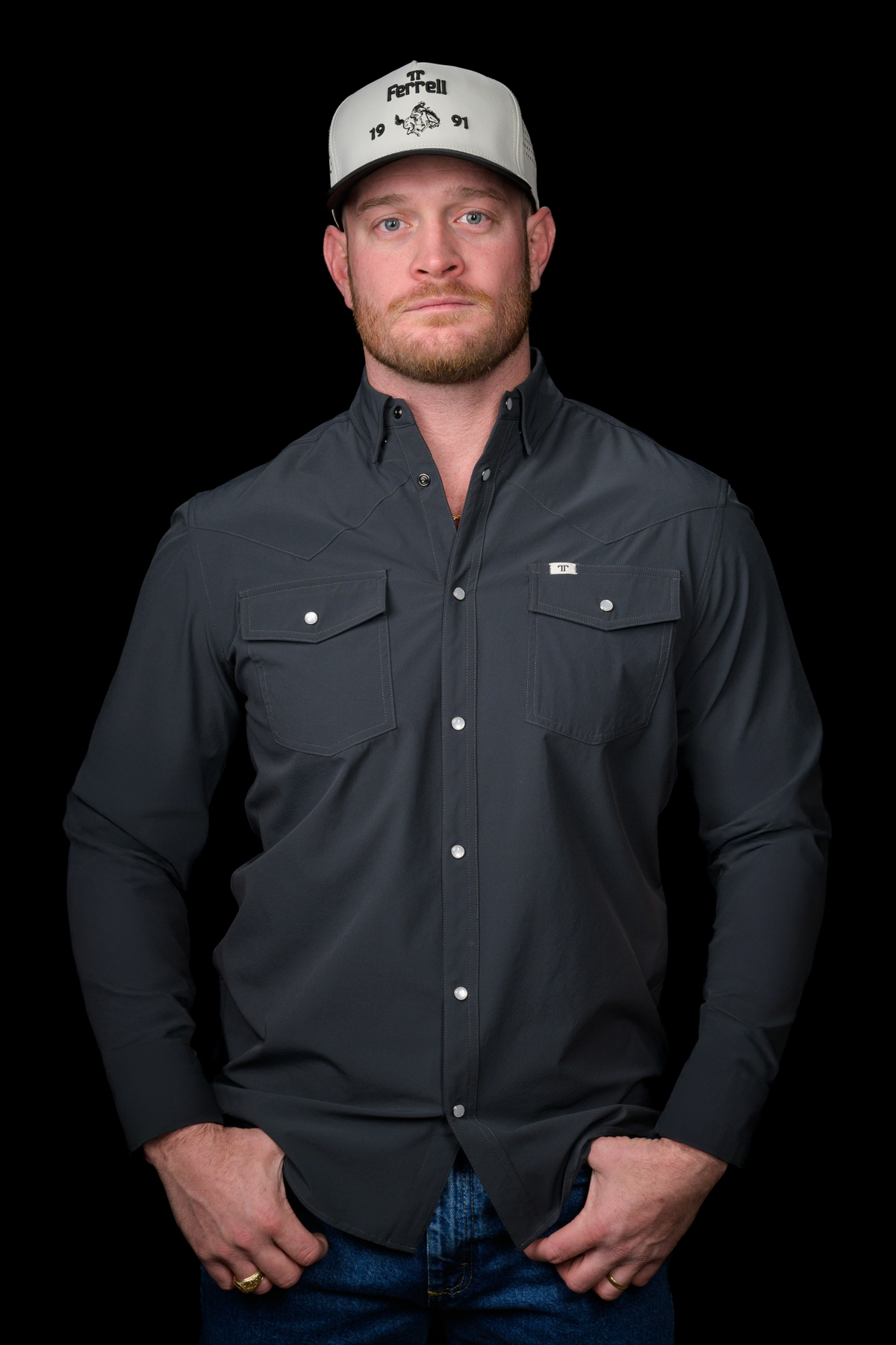 Ferrell Brand Men's Core Pearl Snap Long Sleeve Shirt, Grey – front on model