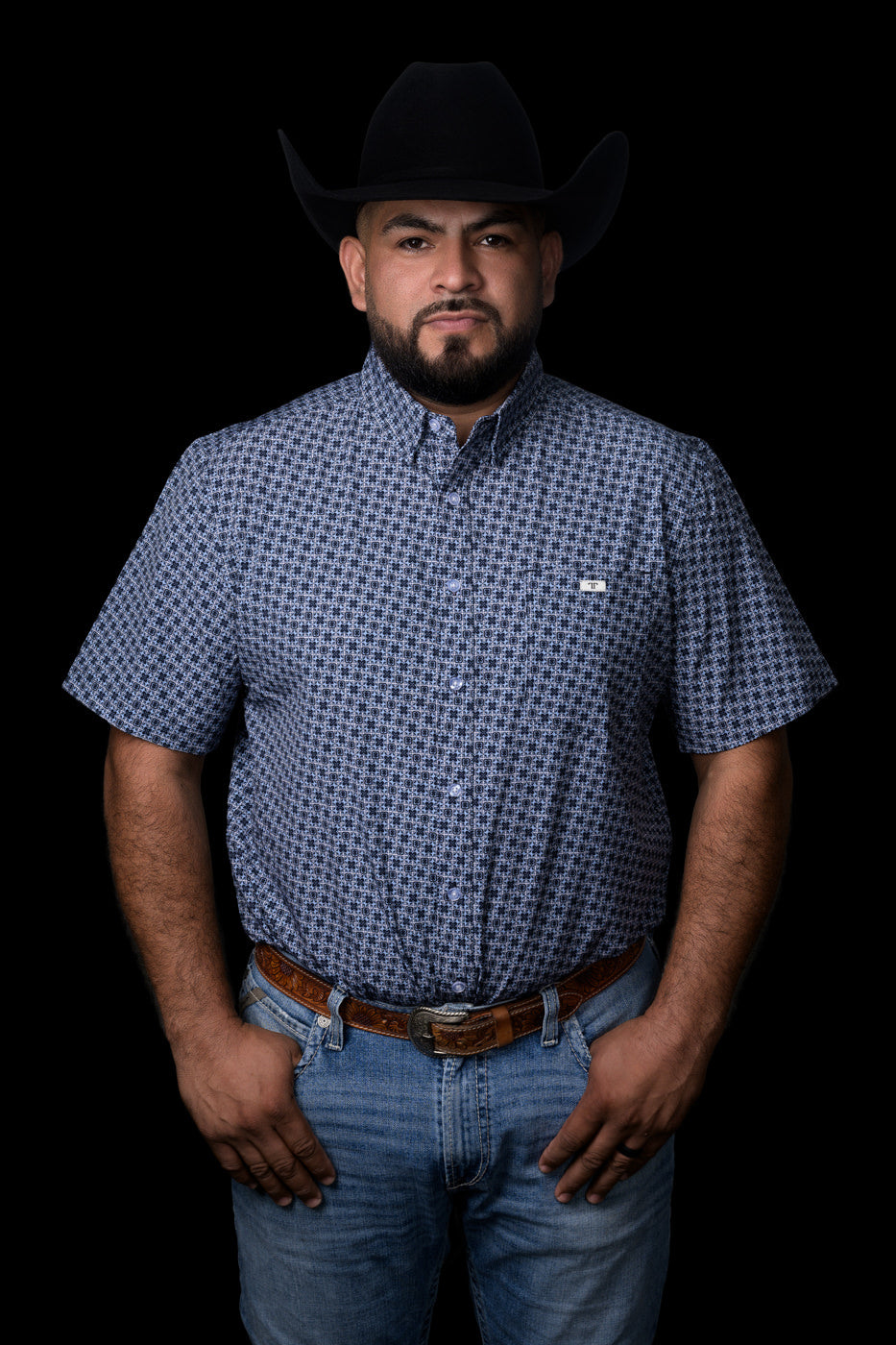 Ferrell Brand Men's Briggs Button-Up Short Sleeve Shirt, Blue – front on model