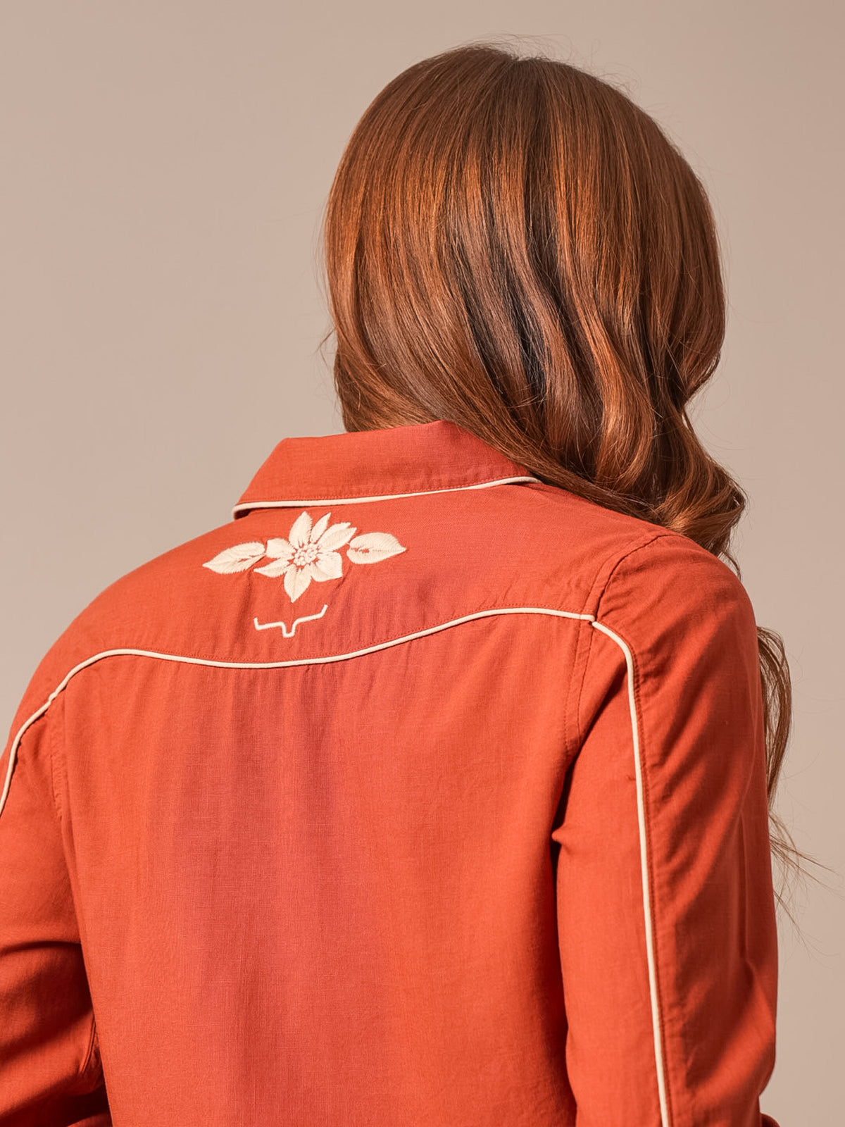 Kimes Ranch Women's Stevie Top, Burnt Red – back detail on model