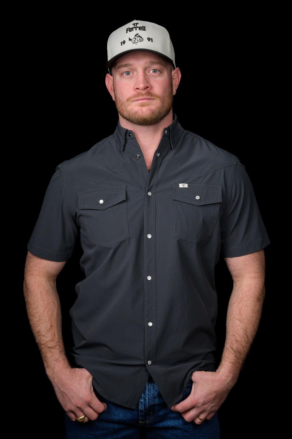 Ferrell Brand Men's Core Pearl Snap Short Sleeve Shirt, Grey – front on model