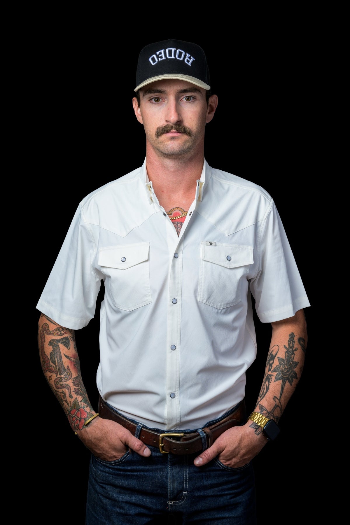 Ferrell Brand Men's Core Pearl Snap Short Sleeve Shirt, White – front on model