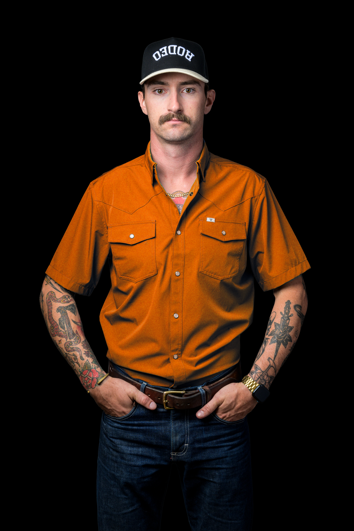 Ferrell Brand Men's Core Pearl Snap Short Sleeve Shirt, Orange – front on model