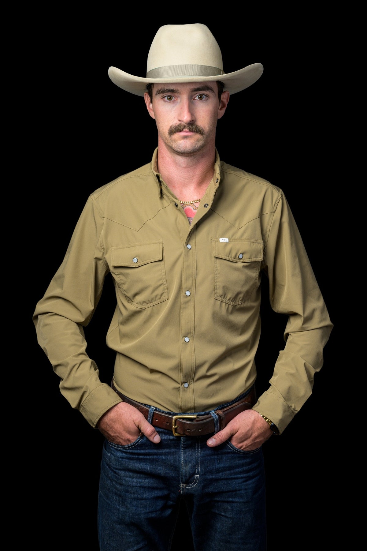 Ferrell Brand Men's Core Pearl Snap Long Sleeve Shirt, Khaki – front on model