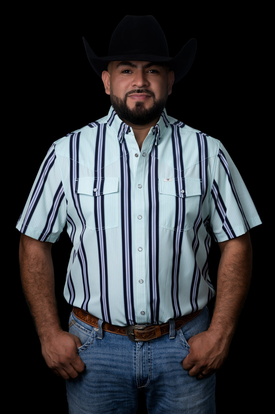 Ferrell Brand Men's John Pearl Snap Short Sleeve Shirt, Mint – front on model