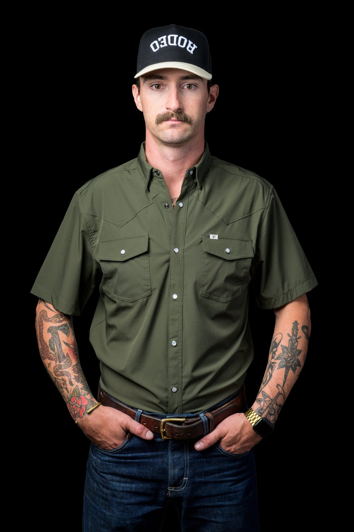 Ferrell Brand Men's Core Pearl Snap Short Sleeve Shirt, Olive – front on model