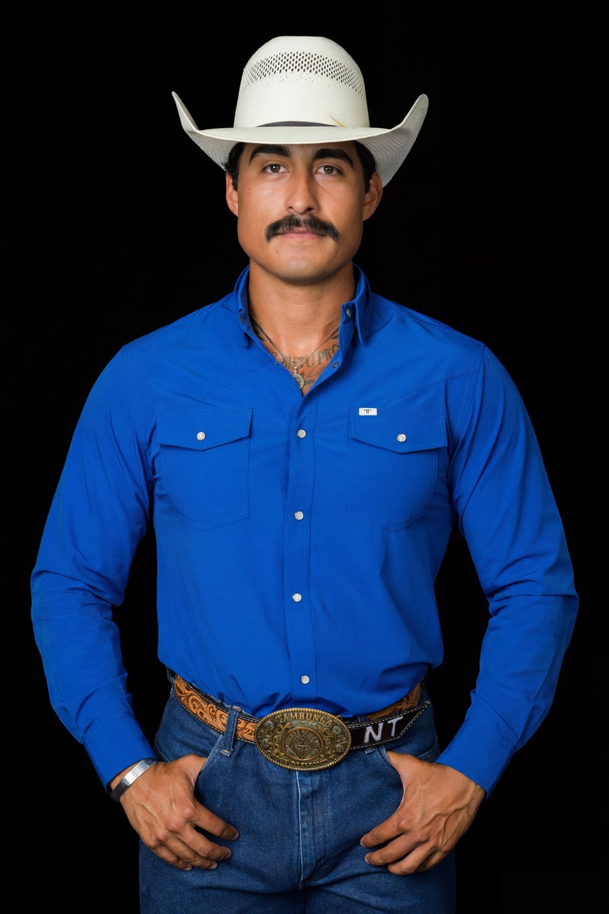 Ferrell Brand Men's Core Pearl Snap Long Sleeve Shirt, Cobalt Blue – front on model