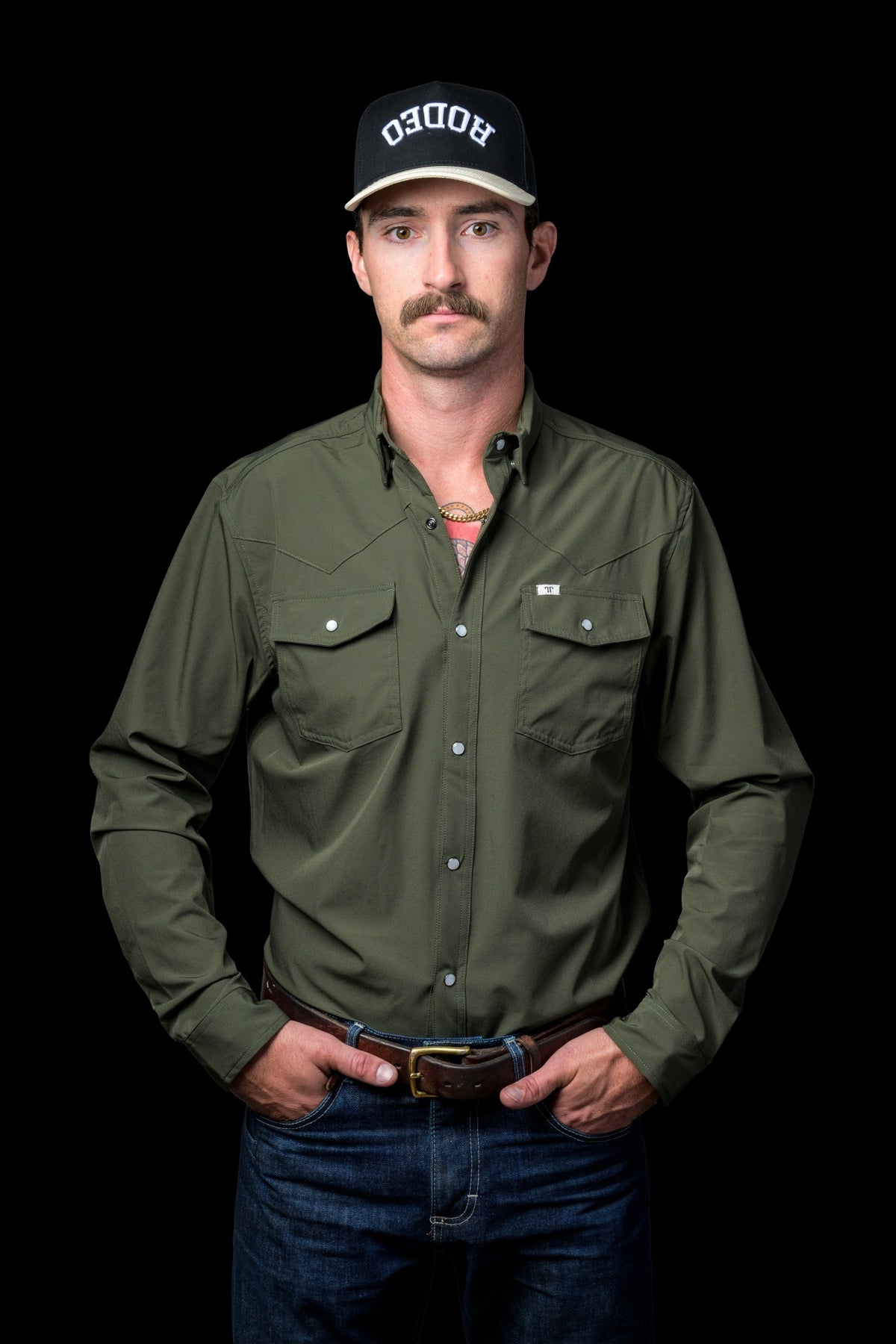 Ferrell Brand Men's Core Pearl Snap Long Sleeve Shirt, Olive – front on model