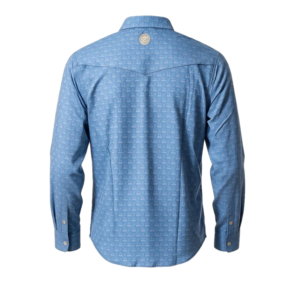 Shawnee Outfitters Men's Performance Pearl Snap Shirt, Blue Nigro's Horse Print – back