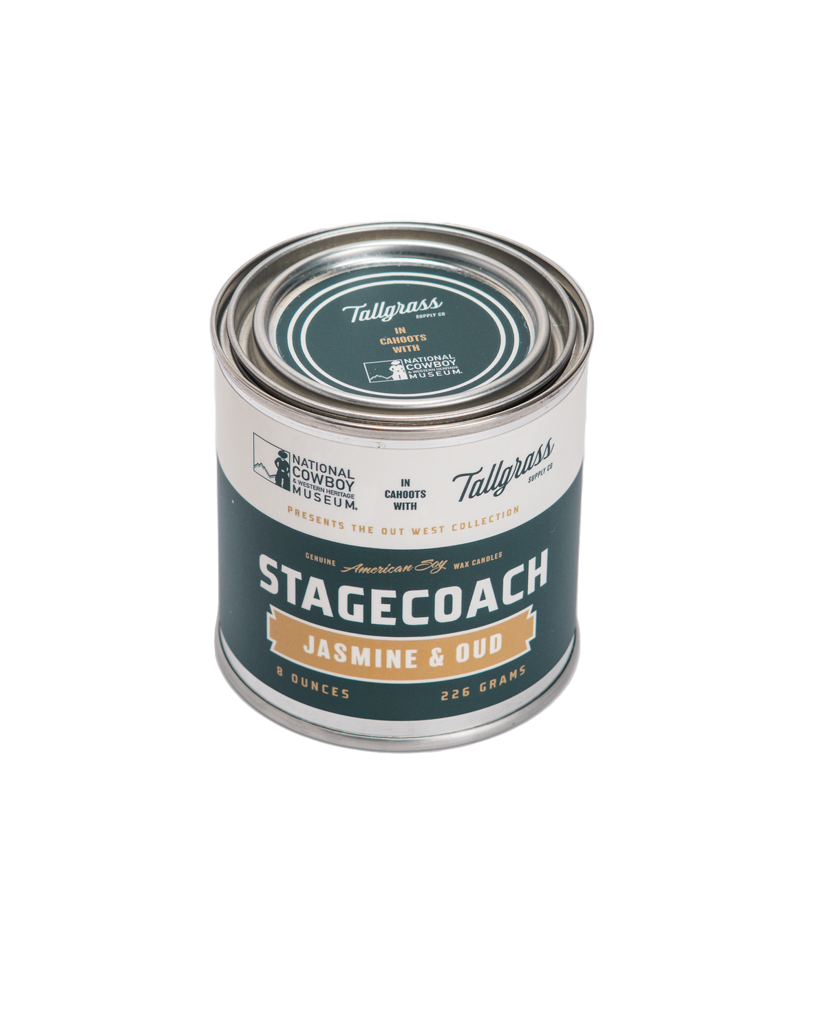 Tallgrass Supply Stagecoach Jasmine and Oud soy wax candle with a decorative glass jar and a wooden lid.