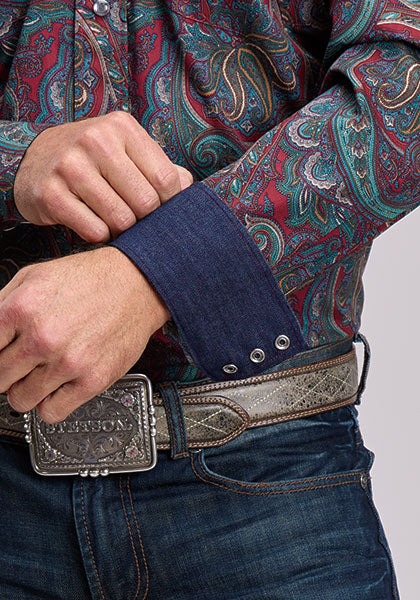 Stetson Men's Lodge Paisley Long Sleeve Shirt, Wine – cuff detail