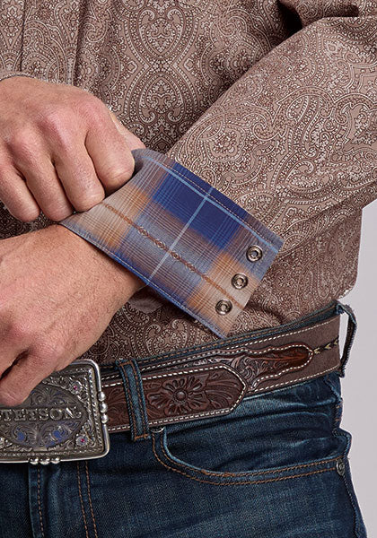 Stetson Men's Highland Paisley Long Sleeve Shirt, Brown – cuff detail