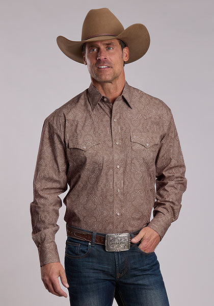 Stetson Men's Highland Paisley Long Sleeve Shirt, Brown – front