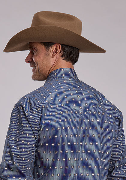 Stetson Men's Dotted Line Print Long Sleeve Shirt, Blue – back