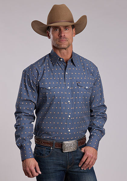 Stetson Men's Dotted Line Print Long Sleeve Shirt, Blue – front