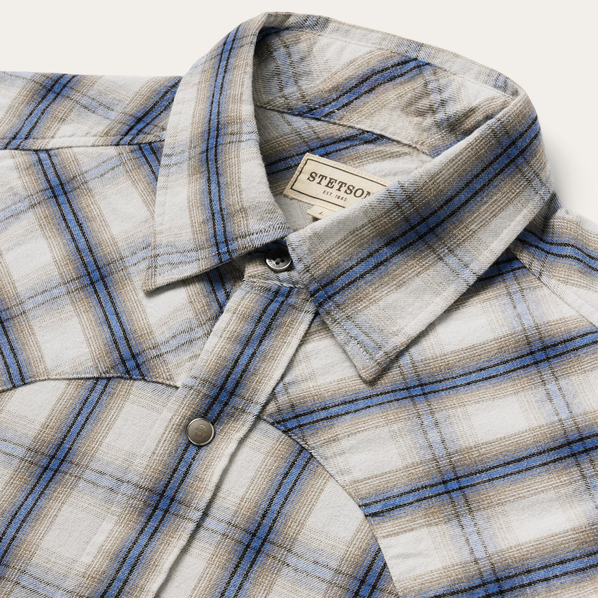 Stetson Men's Brushed Twill Flannel Plaid Long Sleeve Shirt, Blue – collar detail