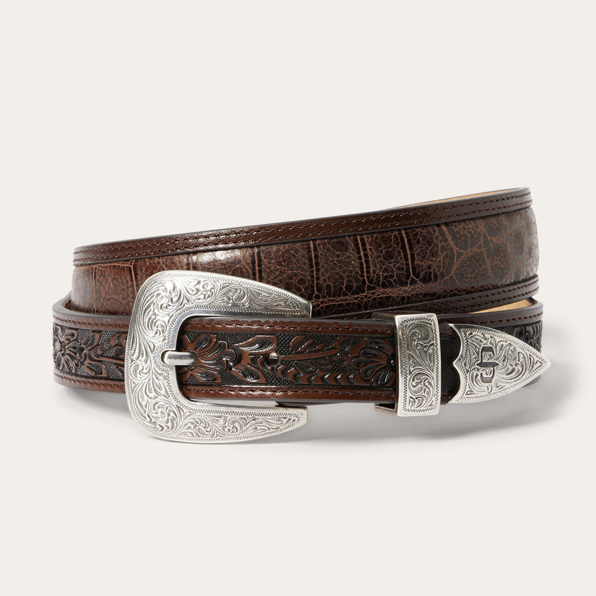 Brown Croco print tapered leather belt by Gem Dandy featuring tooled design and a classic buckle.