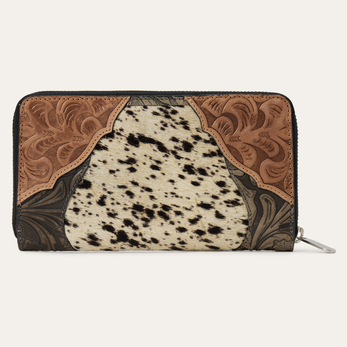 Stetson hair-on-hide tooled zip wallet by Gem Dandy, featuring detailed leather craftsmanship and a secure zip closure.