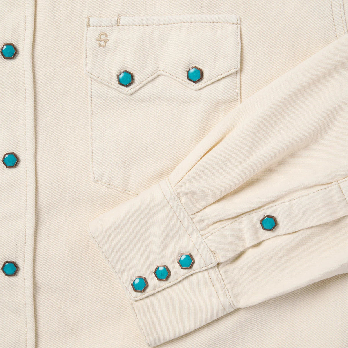 Stetson men's turquoise snap western denim shirt with button closures and classic Western styling.