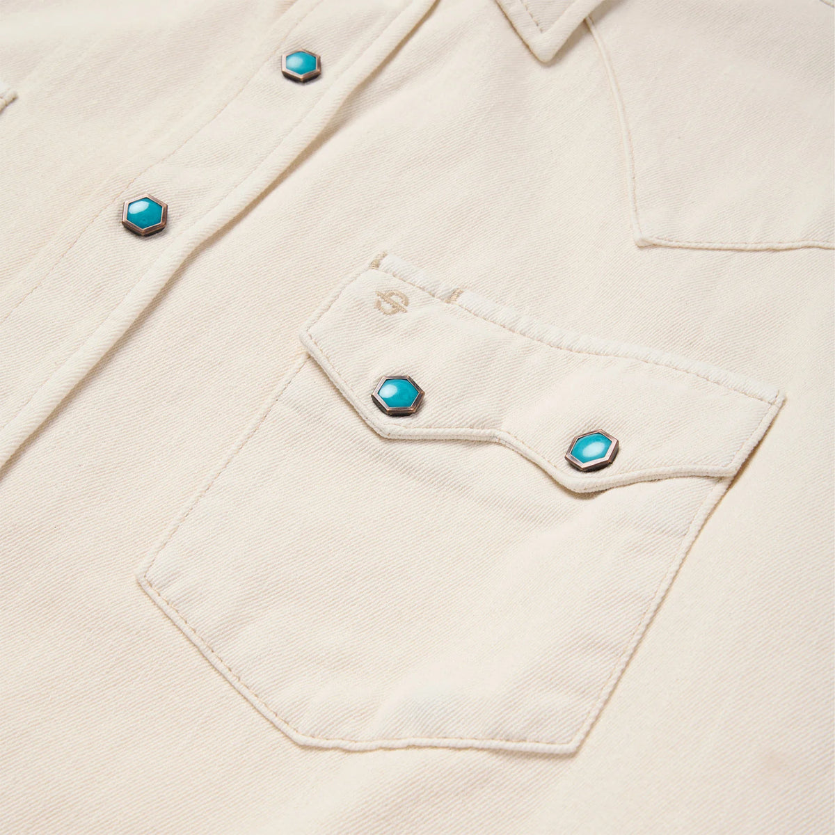 Stetson men's turquoise snap western denim shirt with button front, classic Western styling, and chest pockets.